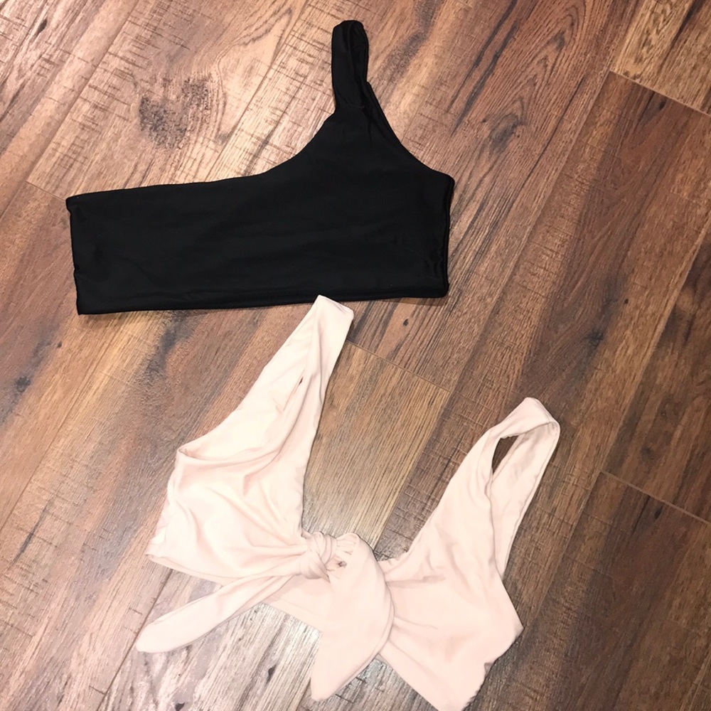 Zaful black side strap top and pink front tie top